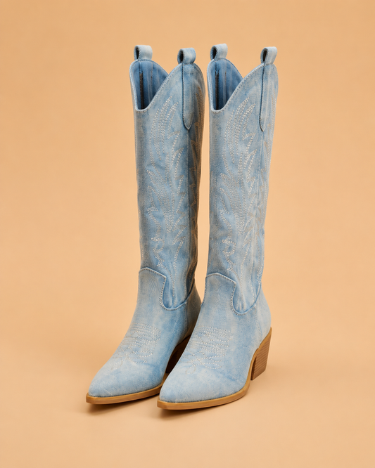Botas Cowboy Azules Altas con Bordados