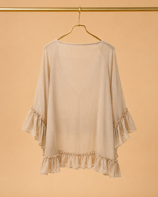 Blusa Beige Amplia con Volantes y Lazo