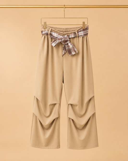 Pantalón Beige Fluido con Lazo de Cuadros