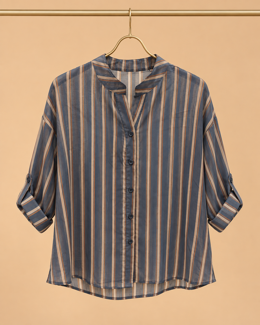 Camisa Azul de Rayas Camel con Manga Regulable
