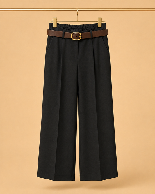 Pantalón Ancho Negro con Cinturón Marrón
