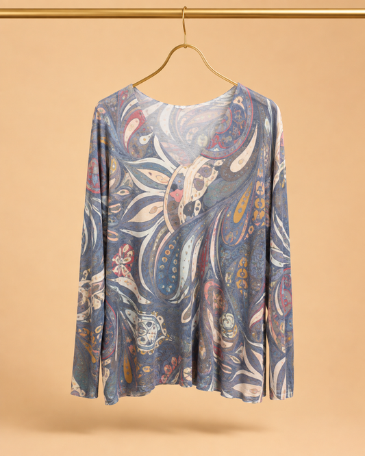 Camiseta Manga Larga con Estampado Paisley Azul
