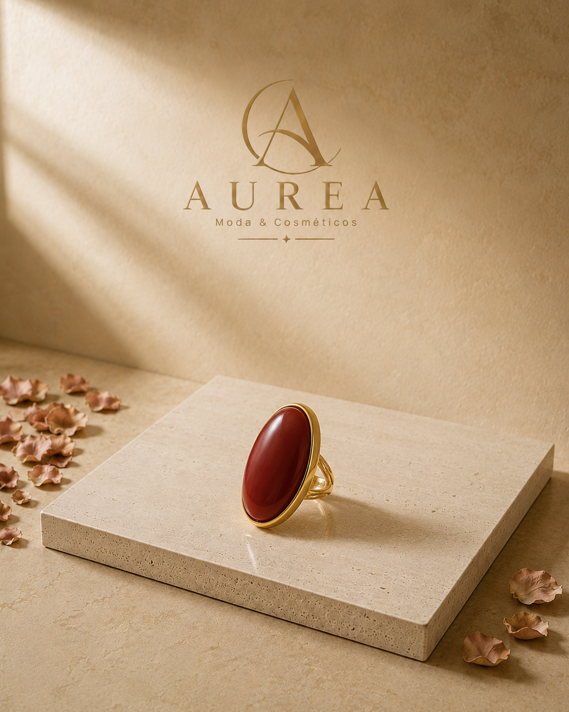 Anillo Dorado con Piedra Negra Ovalada