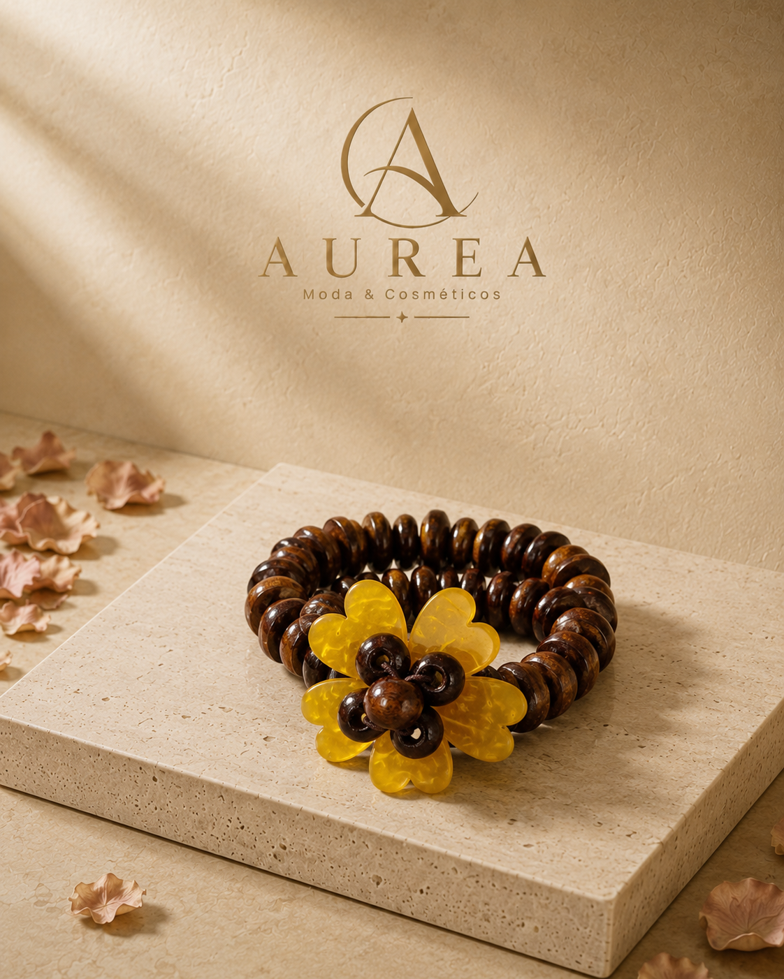 Pulsera de Cuentas Marrones con Flor Amarilla