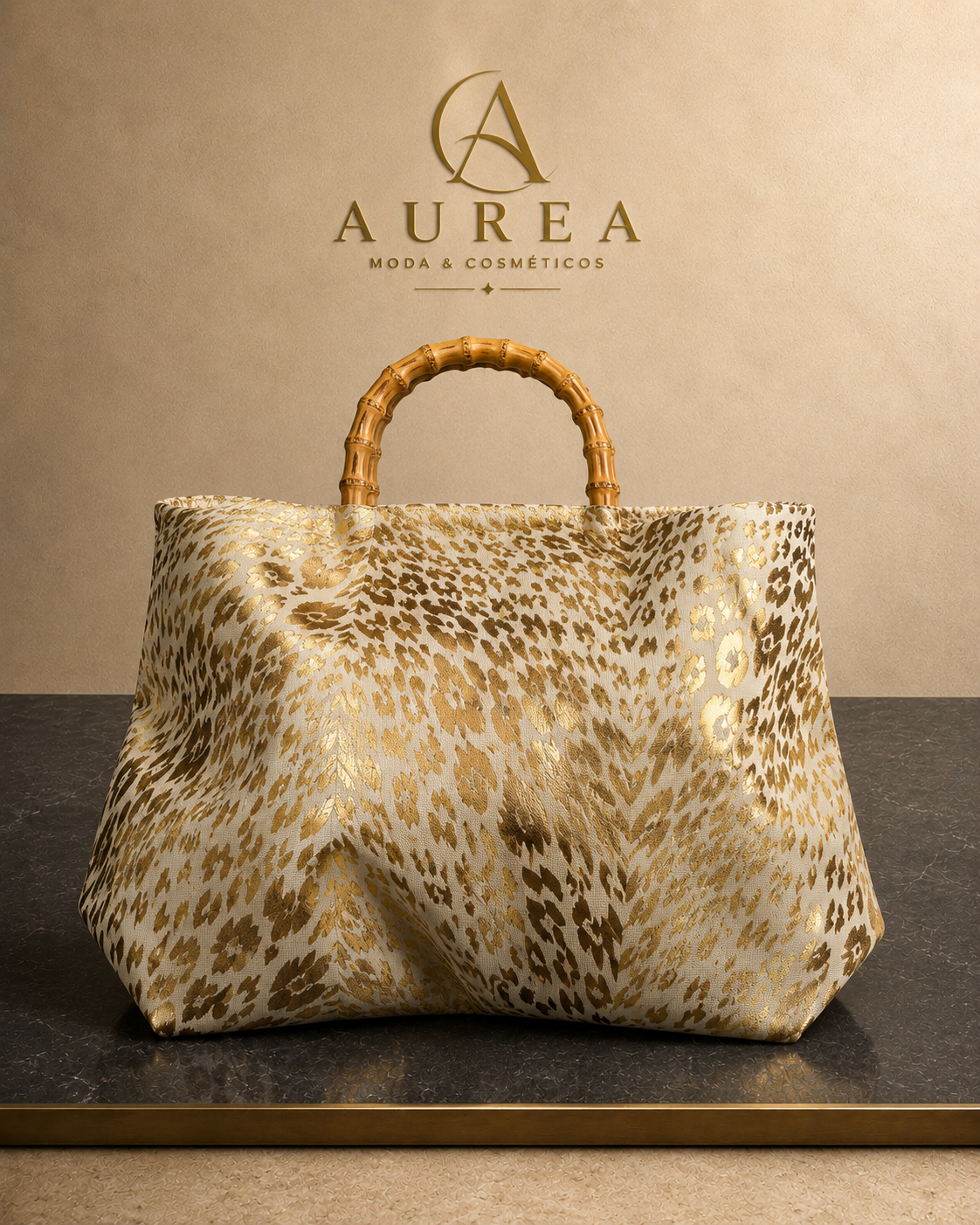 Bolso de Mano Beige y Dorado con Asa de Bambú