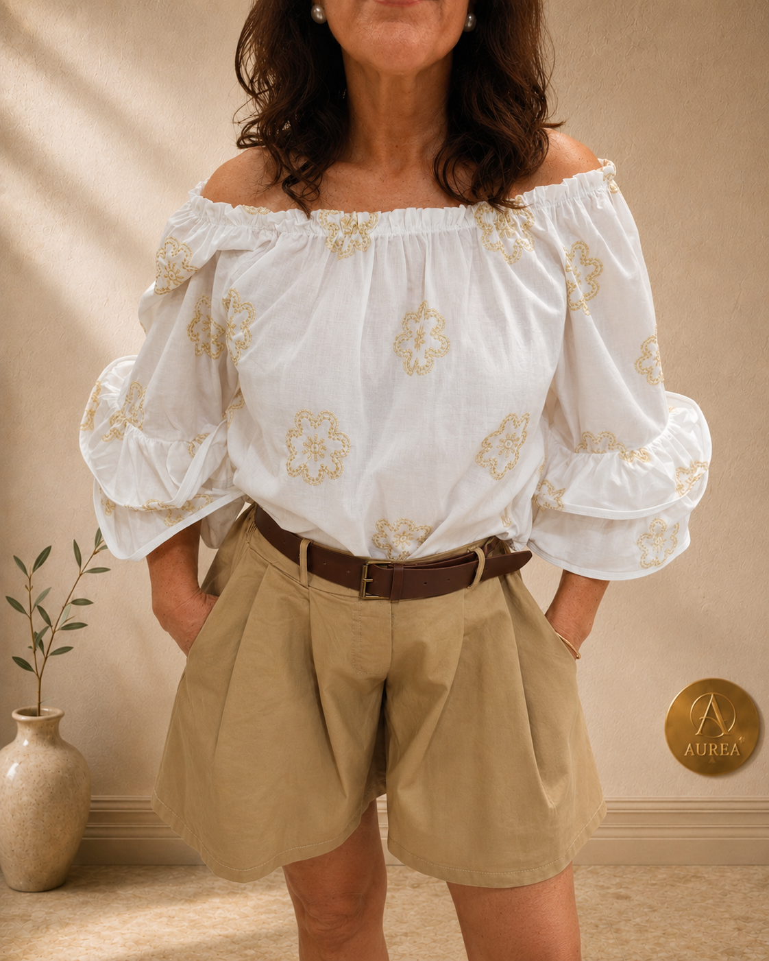 Blusa Bardot Bordada Blanco y Dorado