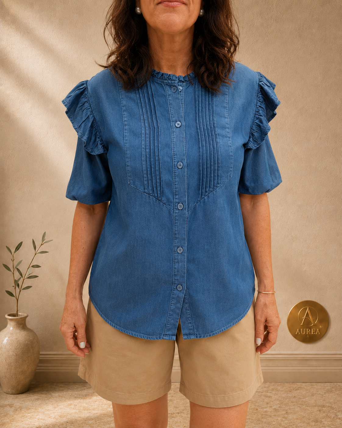 Blusa Denim con Volantes y Pliegues