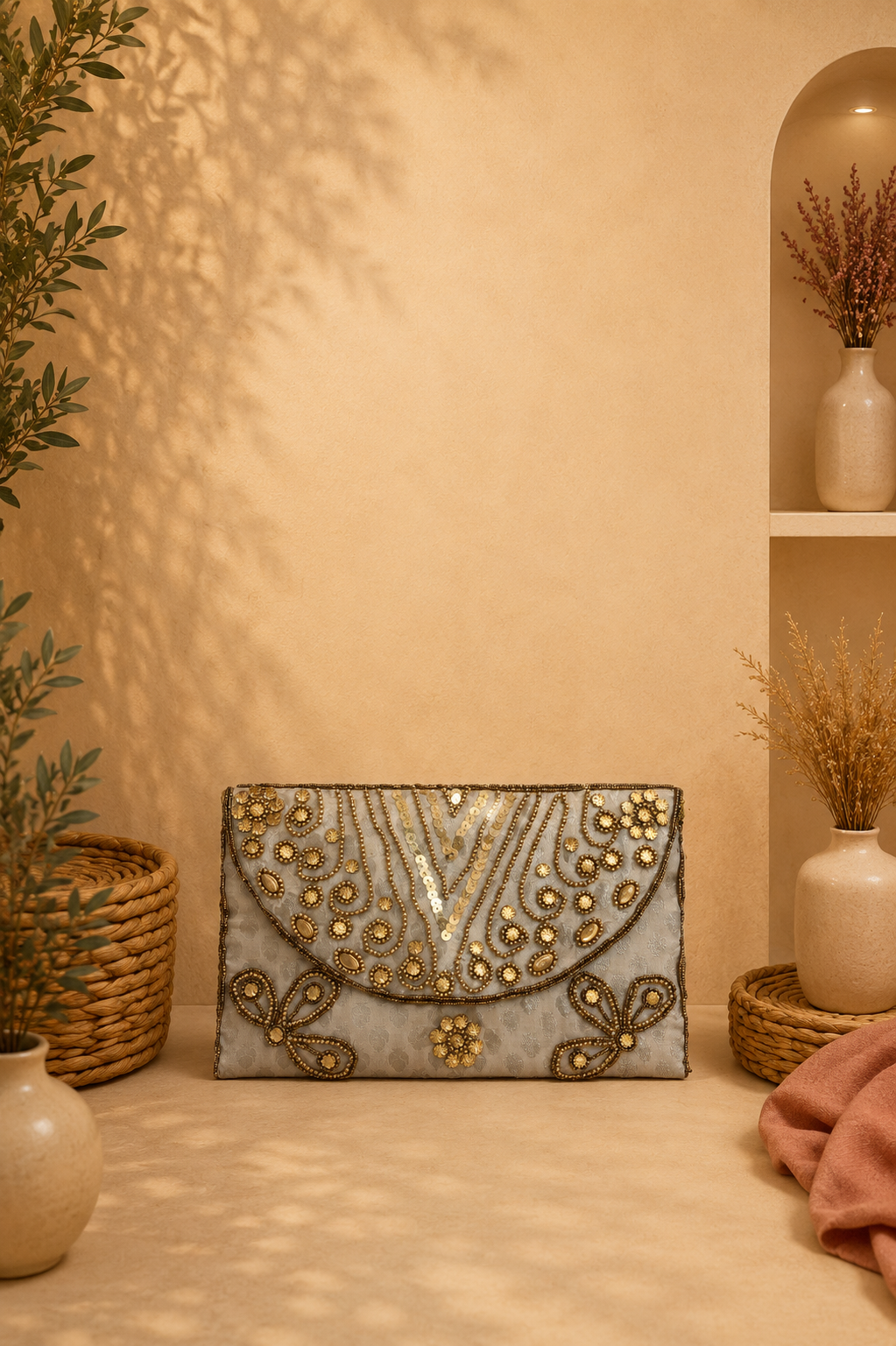Bolso Clutch Bordado Maharani Blanco/Dorado