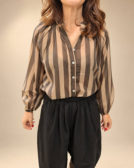 Blusa Marrón de Rayas con Manga Globo