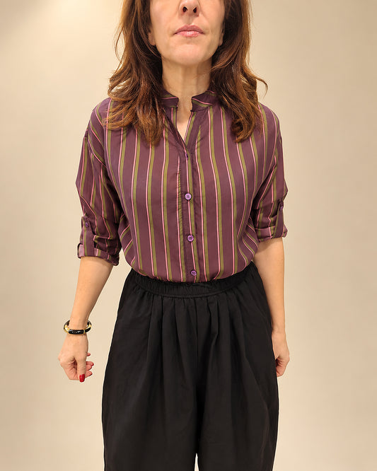 Camisa Azul de Rayas Camel con Manga Regulable