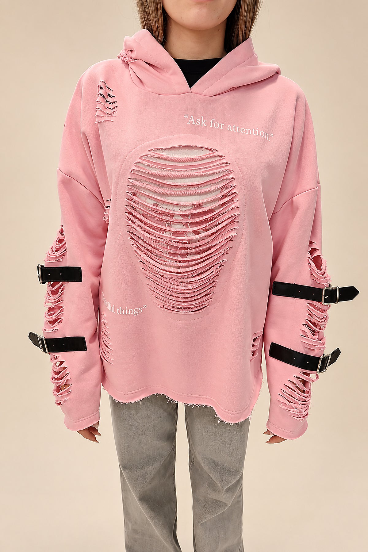 Sudadera OverSize Rosa Desgastada Hebillas