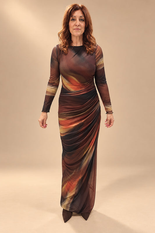 Vestido Maxi Estampado con Fruncido Lateral