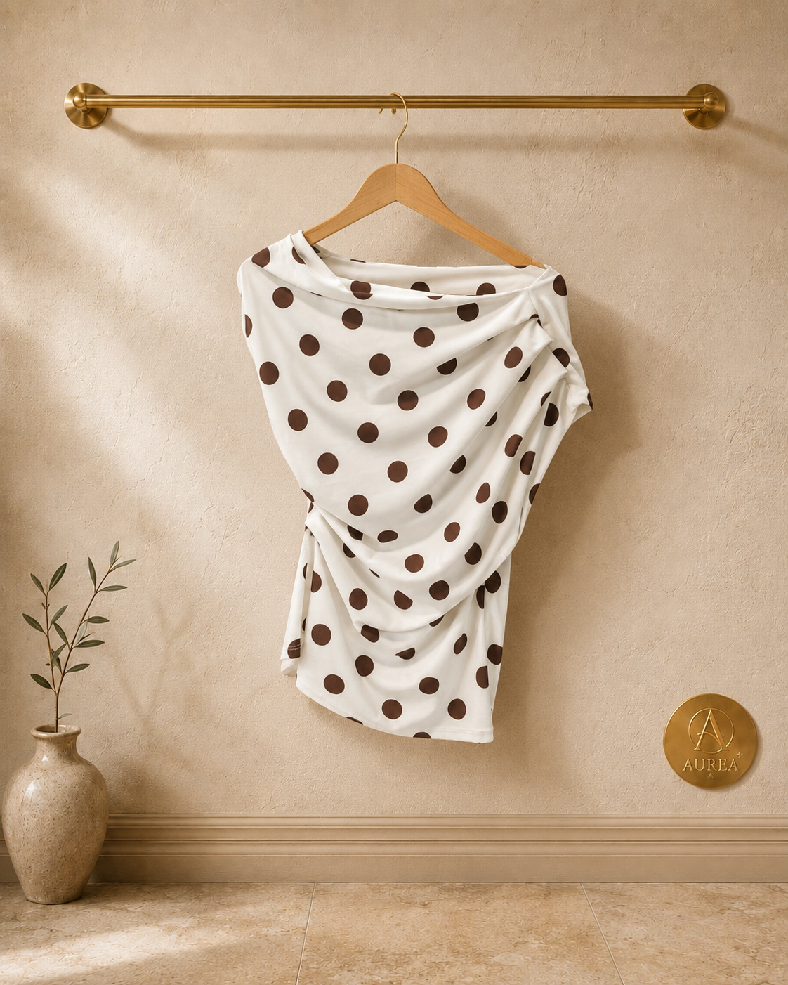 Top Blanco con Lunares Marrones y Escote Drapeado