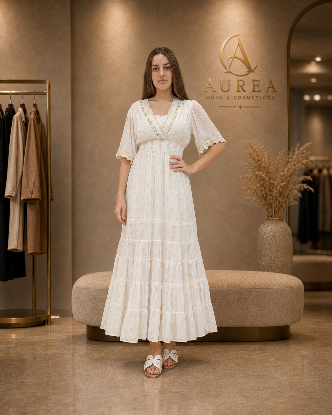 Vestido Largo Blanco Marfil con Detalles Dorados