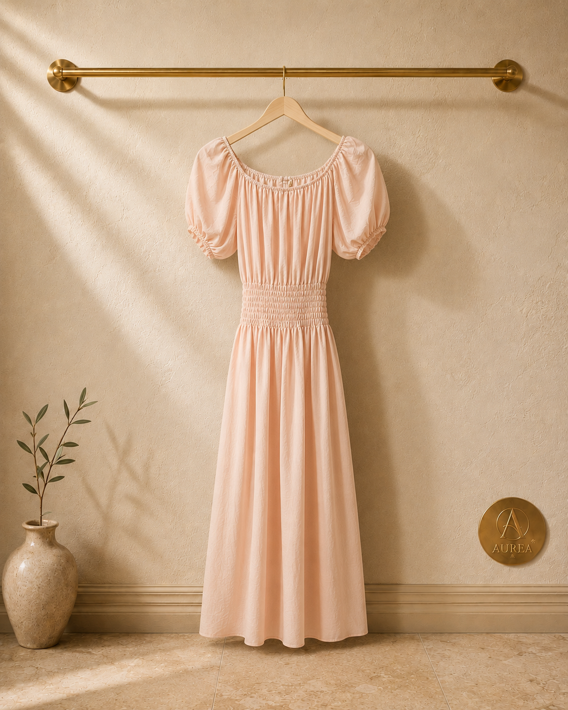 Vestido Midi Fruncido con Manga Abullonada