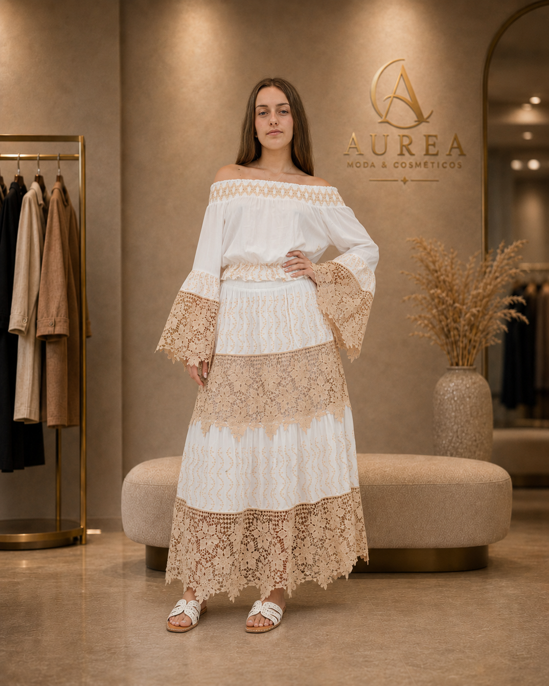 Conjunto Dos Piezas Blanco Marfil con Encaje y Detalles Dorados