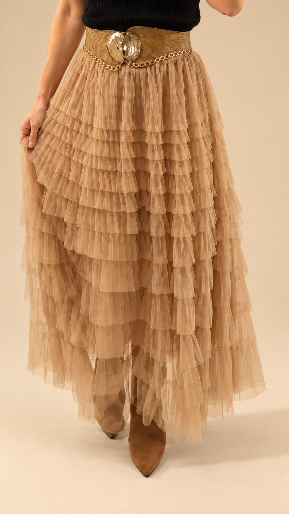 Falda Maxi de Tul con Volantes Beige
