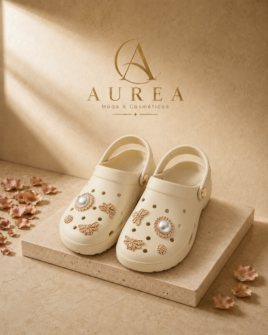 Zuecos Beige con Detalles Dorados