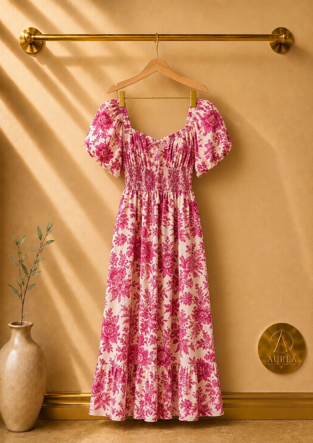 Vestido Largo Floral con Mangas Abullonadas y Volante