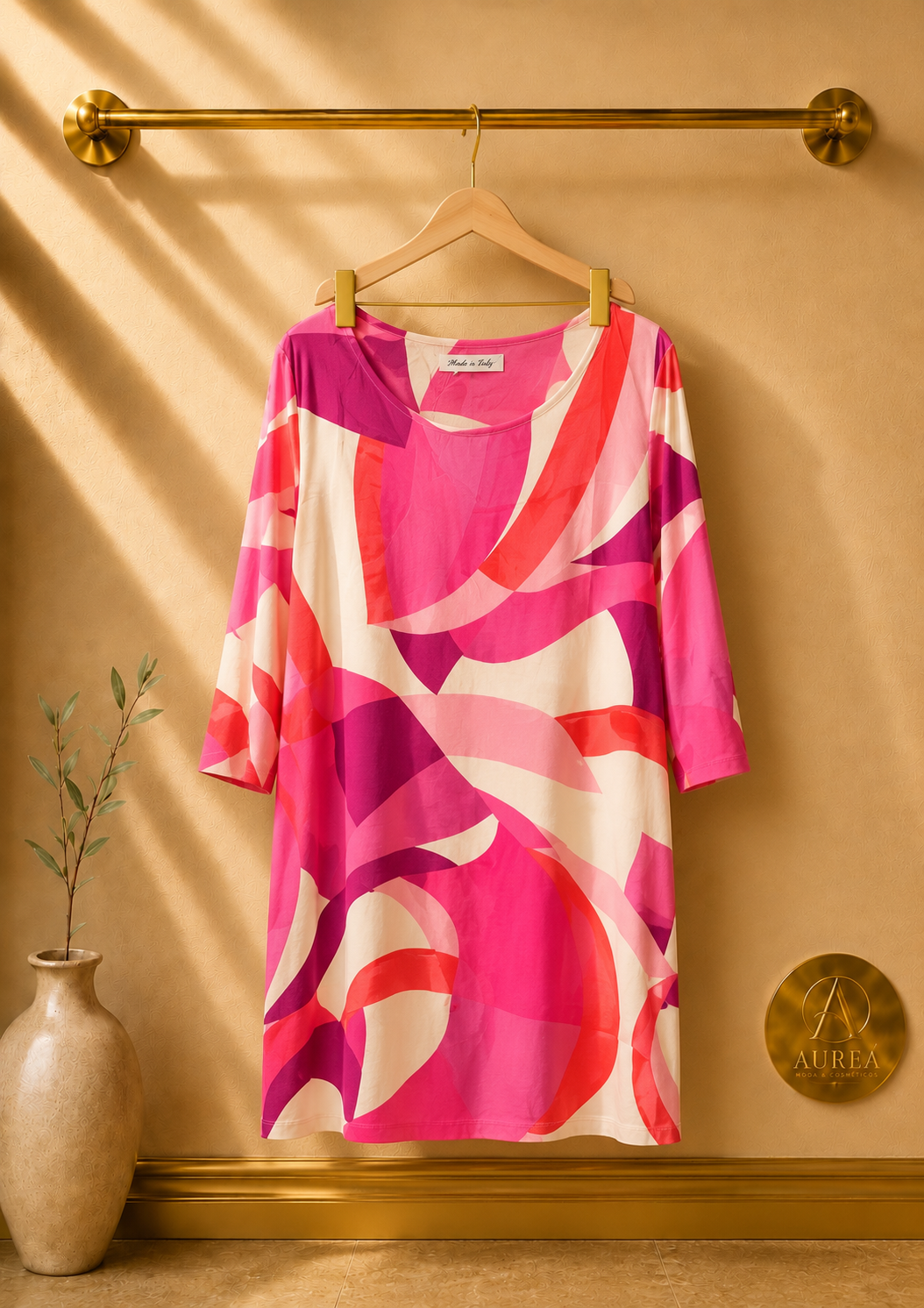 Vestido Corto Estampado Abstracto con Manga Tres Cuartos