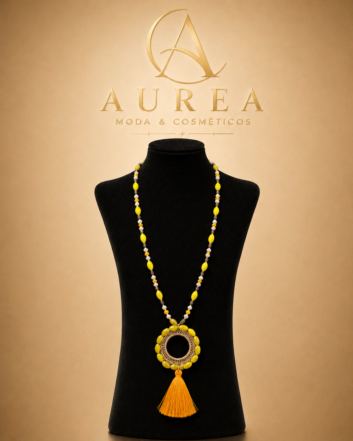 Collar Largo con Colgante y Borla Mostaza
