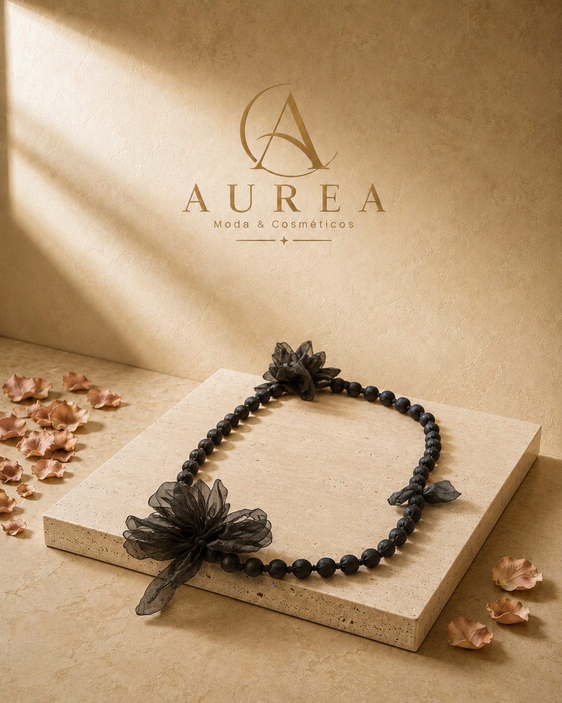 Collar Floral Negro con Cuentas