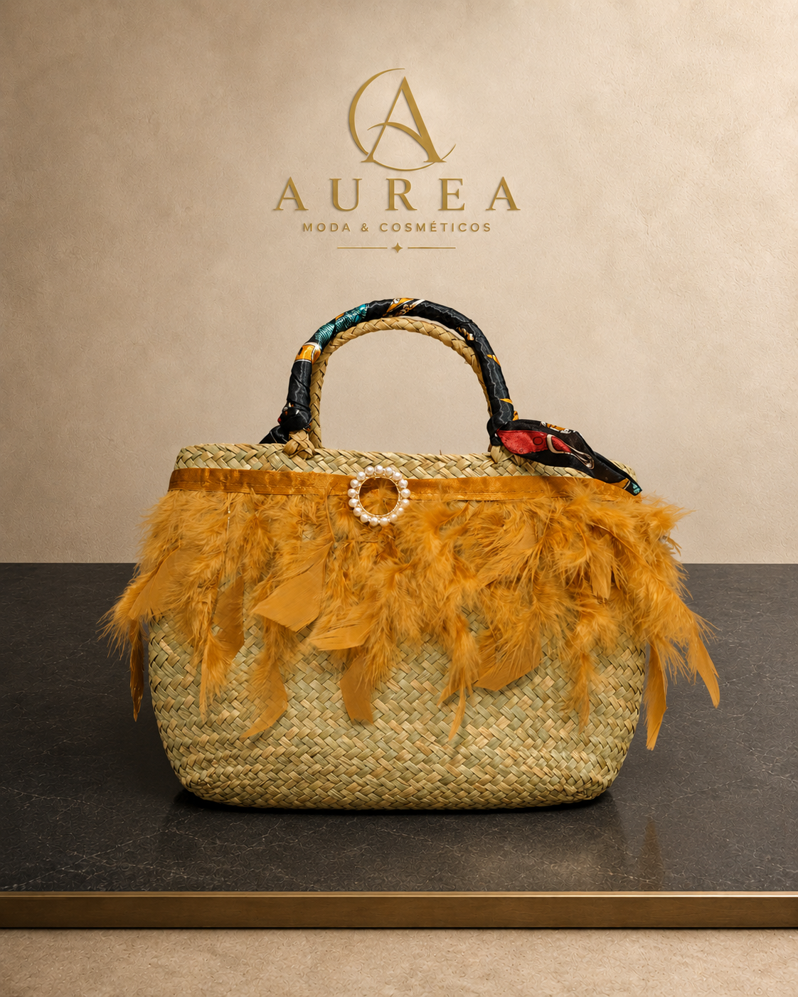 Bolso Cesta Plumas Mostaza