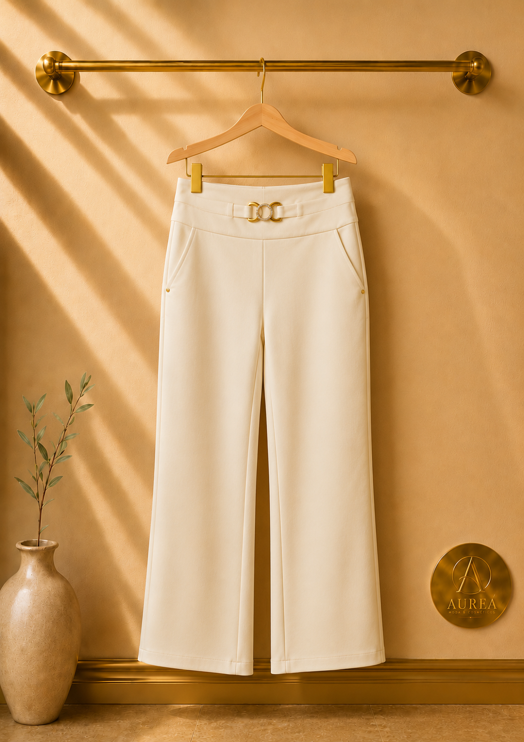 Pantalón Palazzo con Cintura y Detalle Dorado