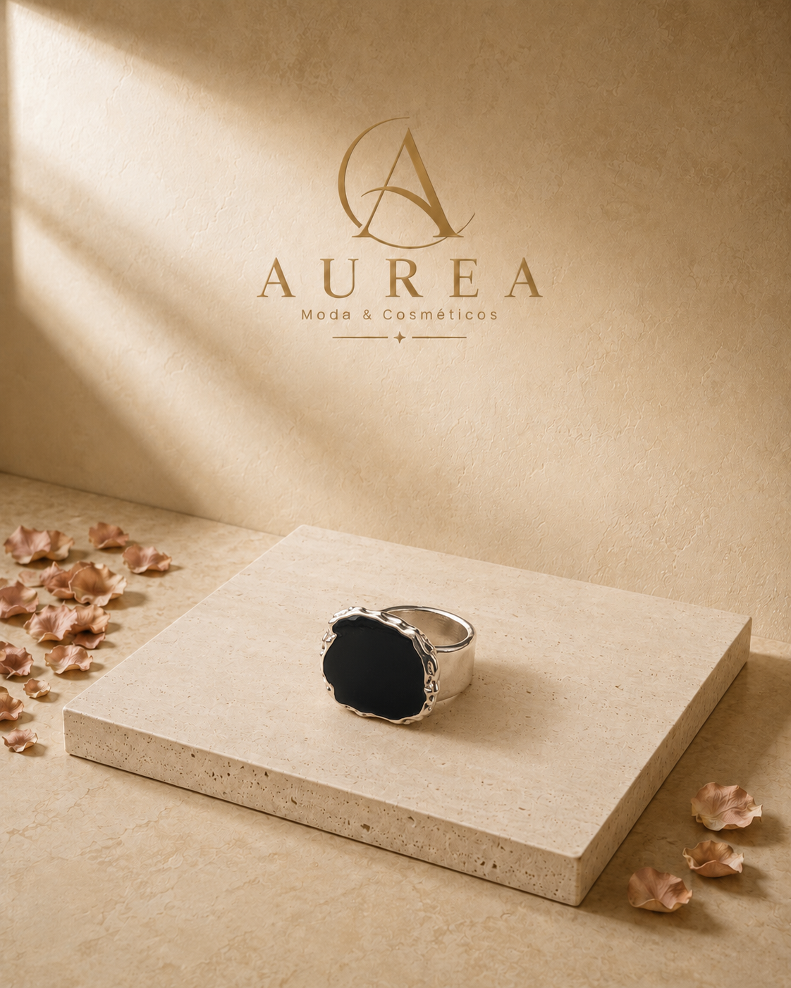 Anillo Plateado con Piedra Negra