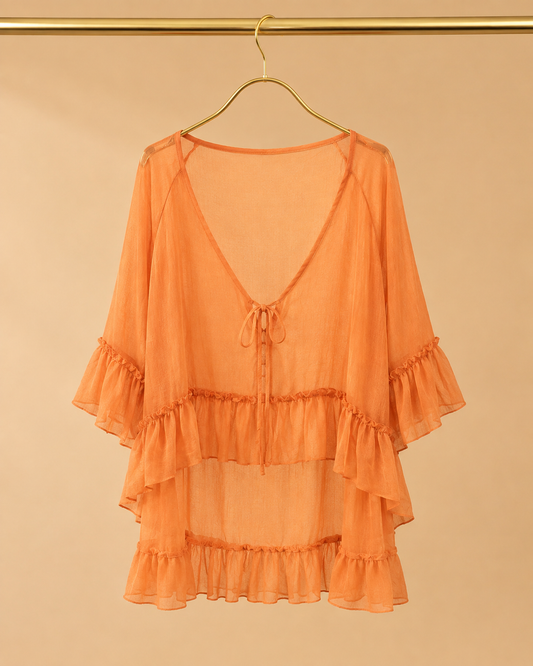 Blusa Naranja Amplia con Volantes y Lazo
