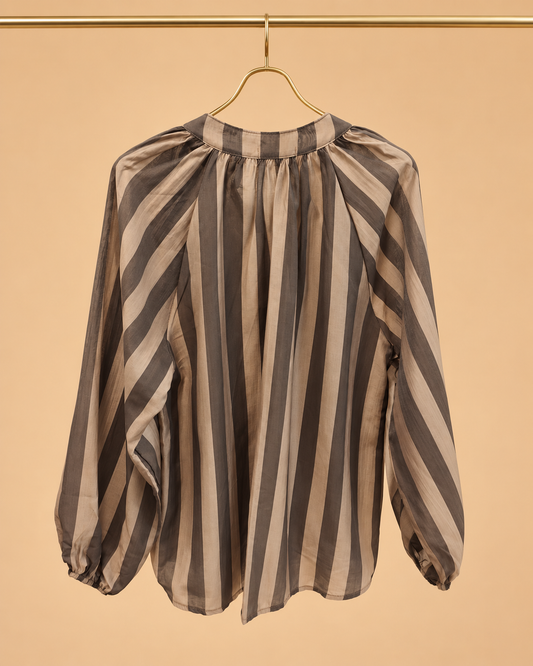 Blusa Marrón de Rayas con Manga Globo