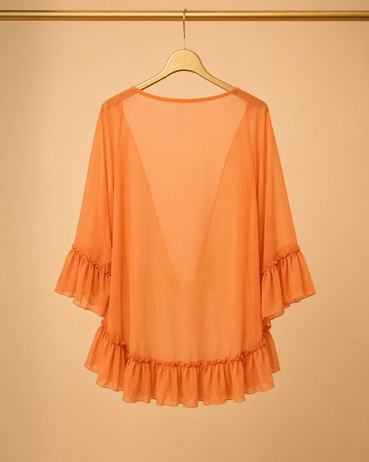 Blusa Naranja Amplia con Volantes y Lazo