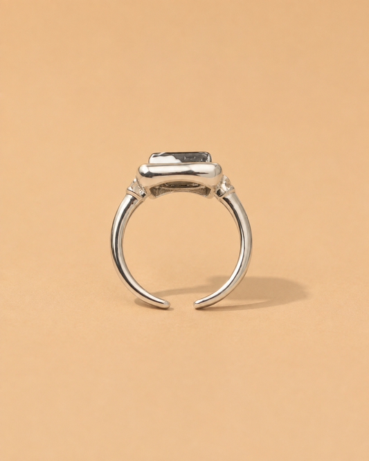 Anillo Ajustable Plateado Cuadrado Marmoleado Negro