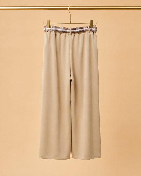 Pantalón Beige Fluido con Lazo de Cuadros