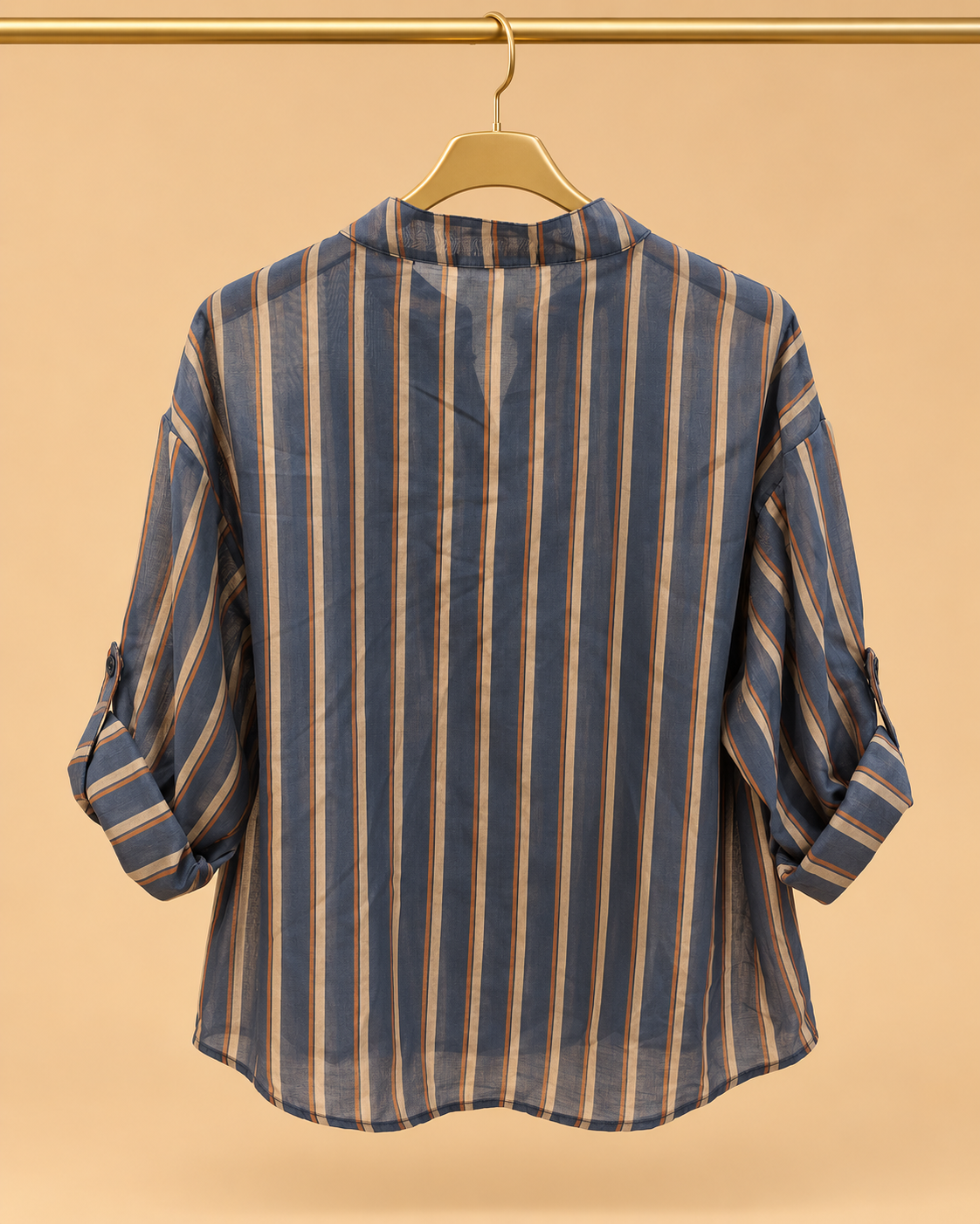 Camisa Azul de Rayas Camel con Manga Regulable