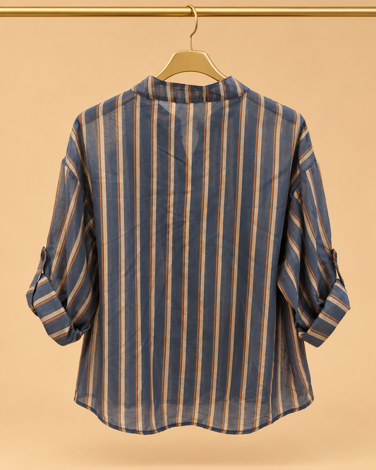 Camisa Azul de Rayas Camel con Manga Regulable