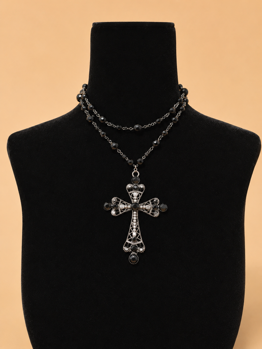Collar Doble Negro con Cruz Plateada