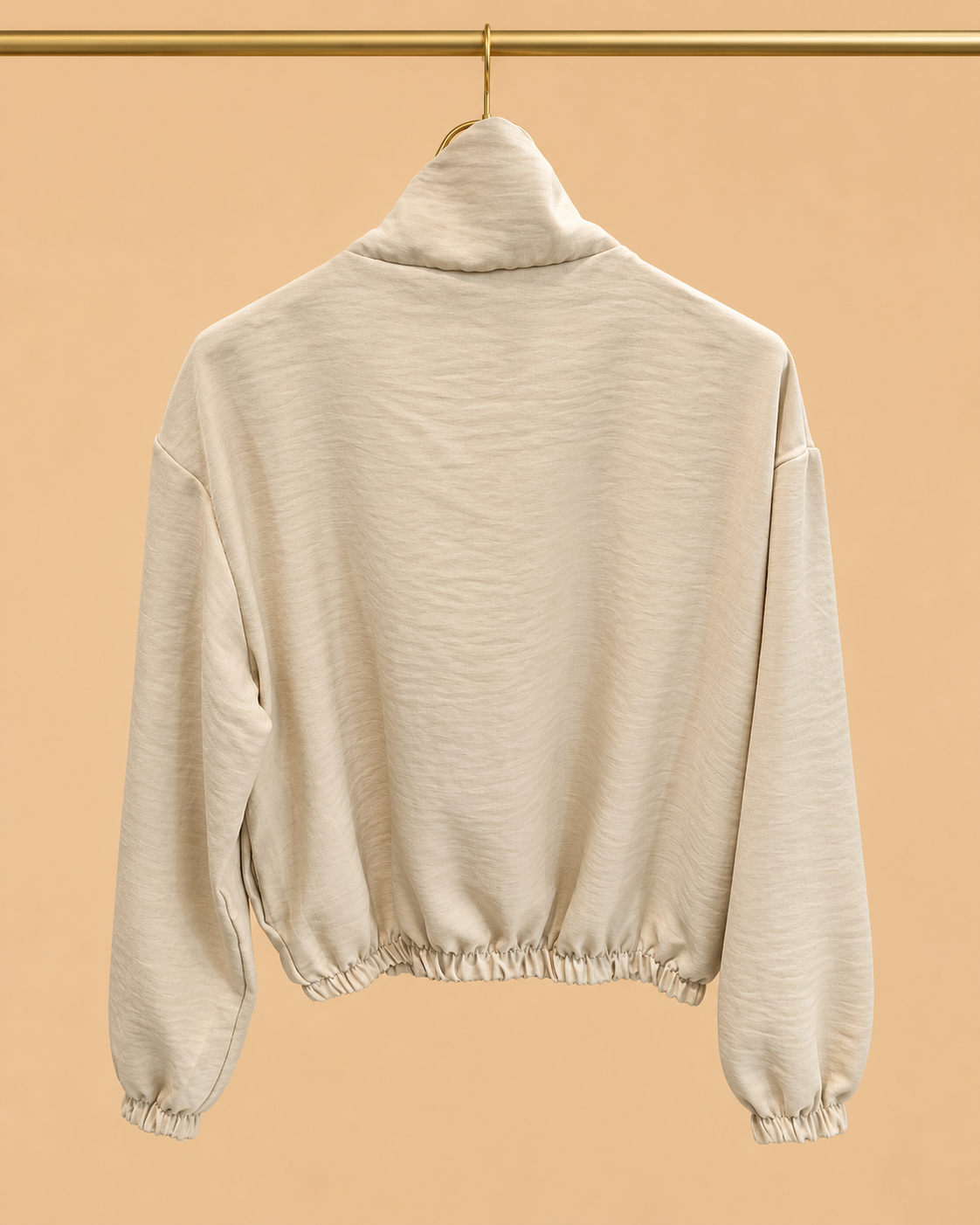 Chaqueta Corta Beige con Cremallera y Cuello Alto