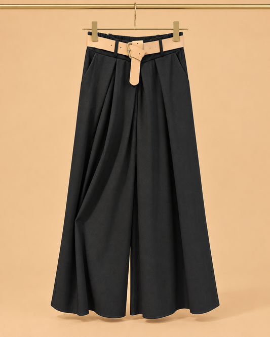 Pantalón Palazzo Negro con Cinturón Beige