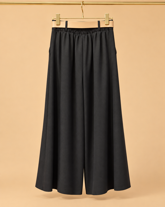 Pantalón Palazzo Negro con Cinturón Beige