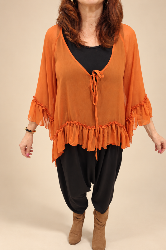 Blusa Naranja Amplia con Volantes y Lazo