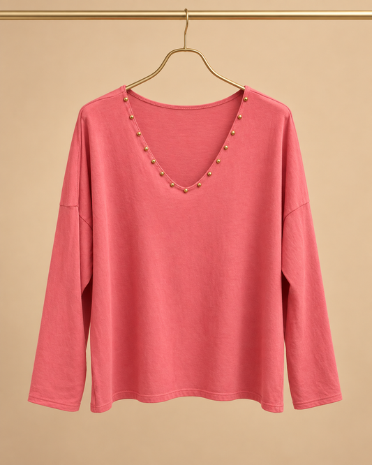Top Rosa Escote V con Detalle Dorado
