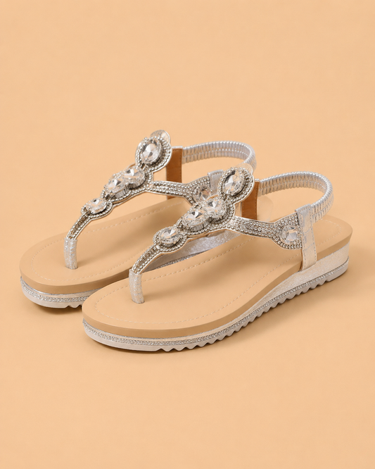 Sandalias Plateadas con Pedrería y Tira Elástica