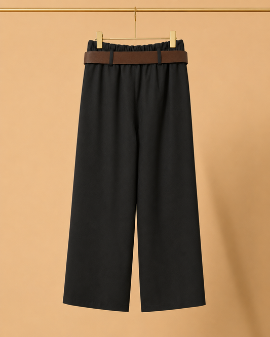 Pantalón Ancho Negro con Cinturón Marrón