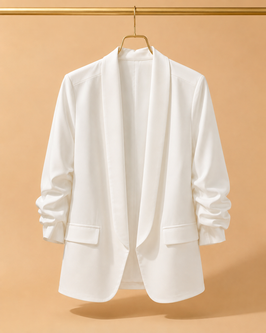 Blazer Blanco Fluido con Mangas Fruncidas
