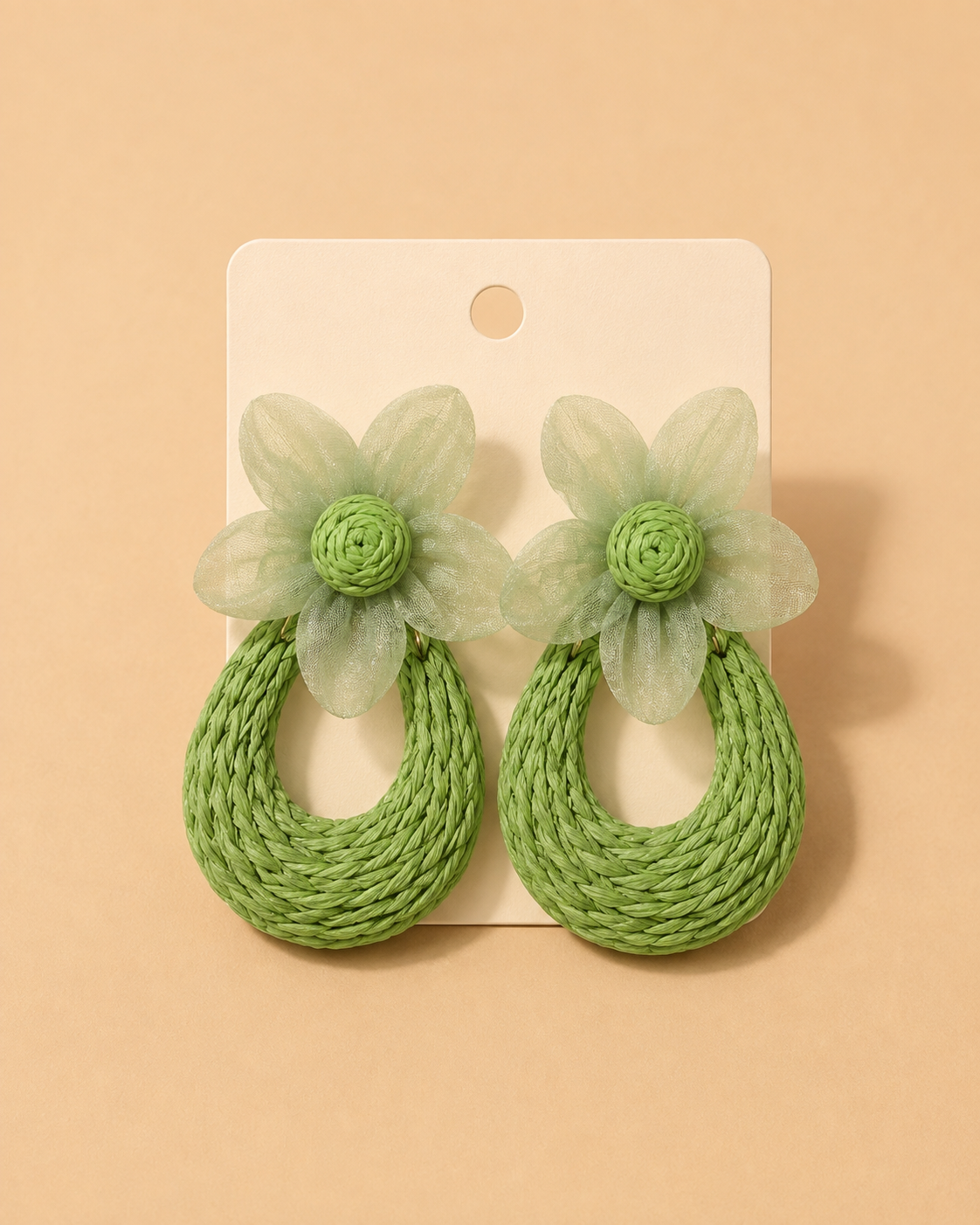 Pendientes Flor Verde con Aro Trenzado Efecto Rafia