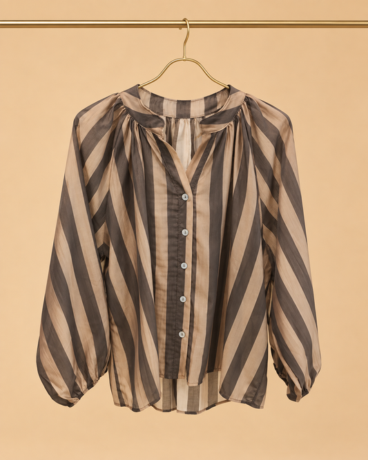 Blusa Marrón de Rayas con Manga Globo