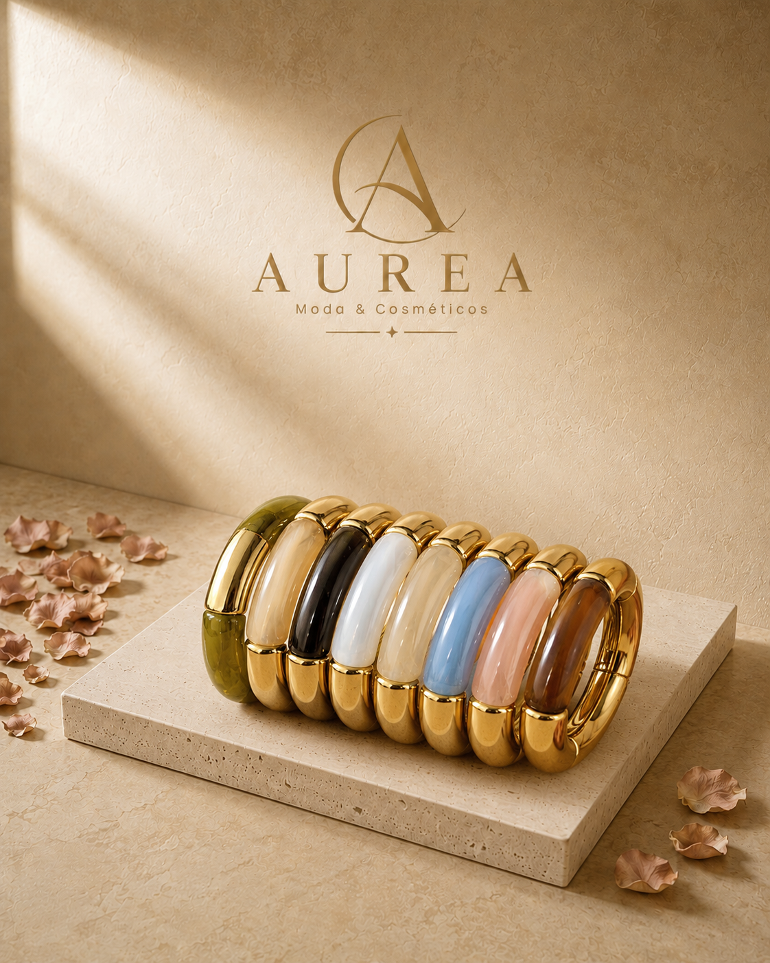 Pulsera Rígida Dorada con Detalles de Color