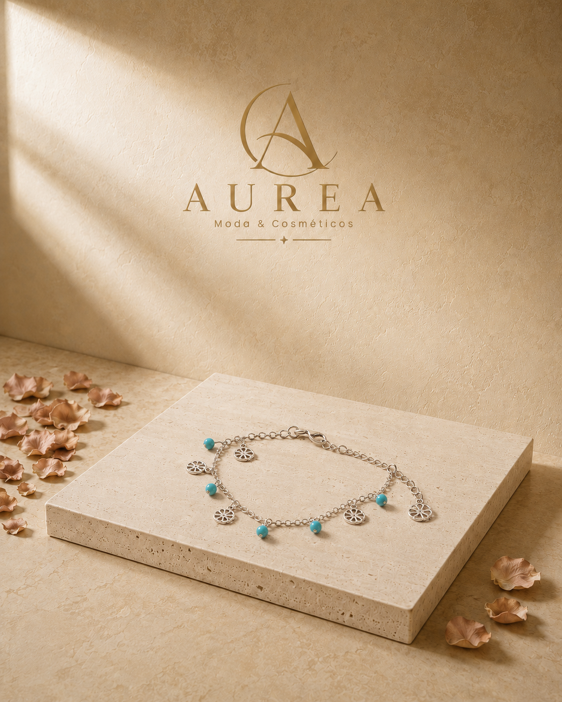 Tobillera Plateada con Abalorios Turquesa y Flores