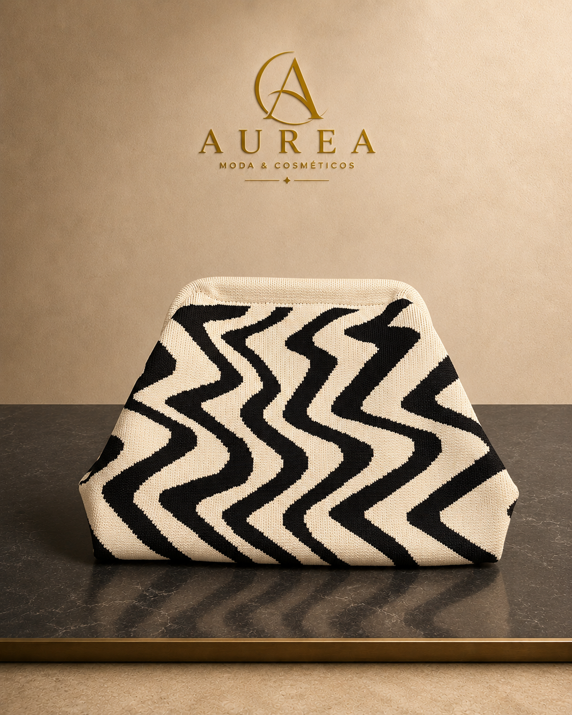 Bolso Clutch Zigzag Negro y Beige